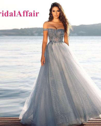 bridalaffair  arabia shinny tulle שמלות נשף תחרה אפליקציות off shoulder a line דובאי נשים שמלת ערב חלק רשמי